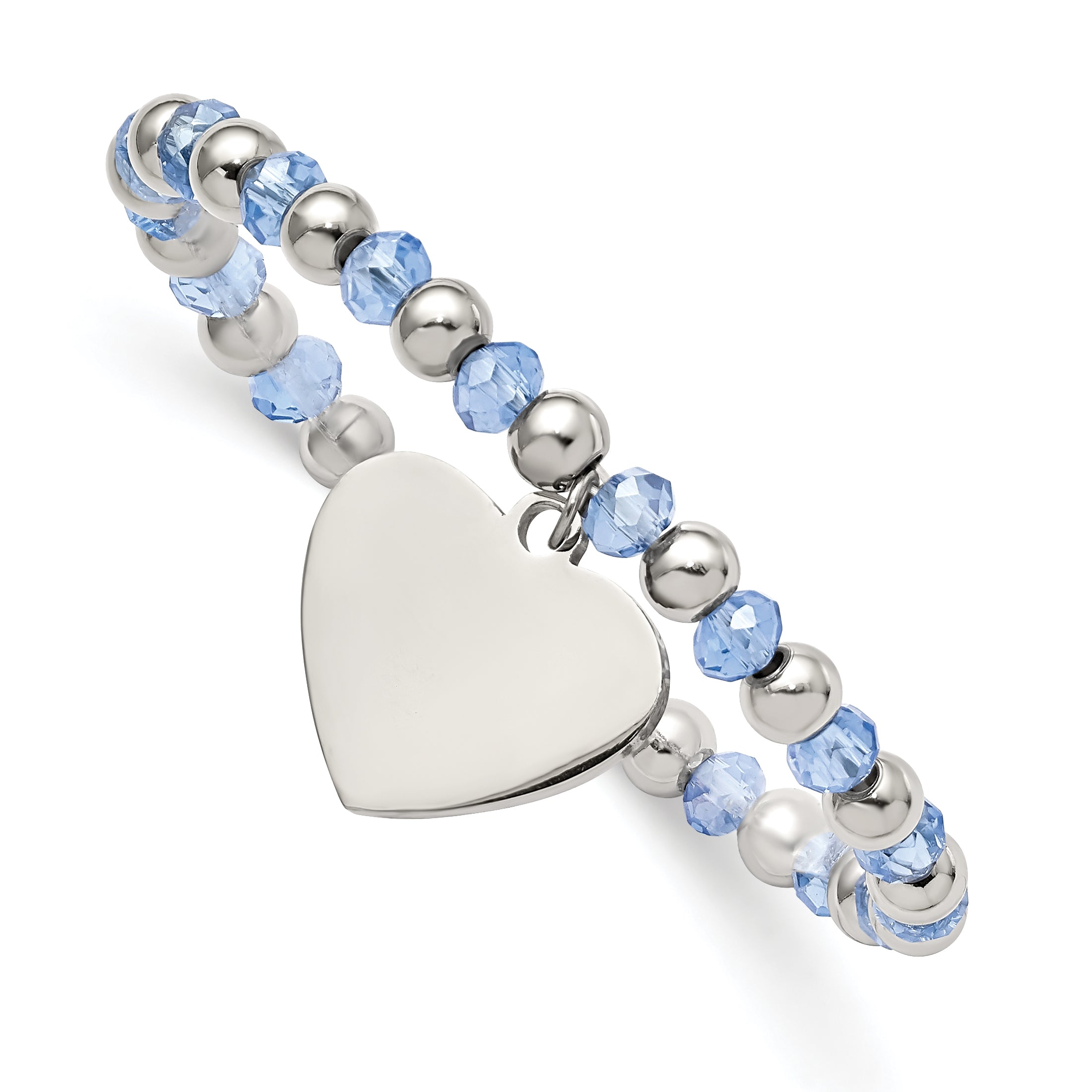 Stainless Steel Polished Heart Dangle Blue Glass Beaded Stretch Bracelet for Women Main image