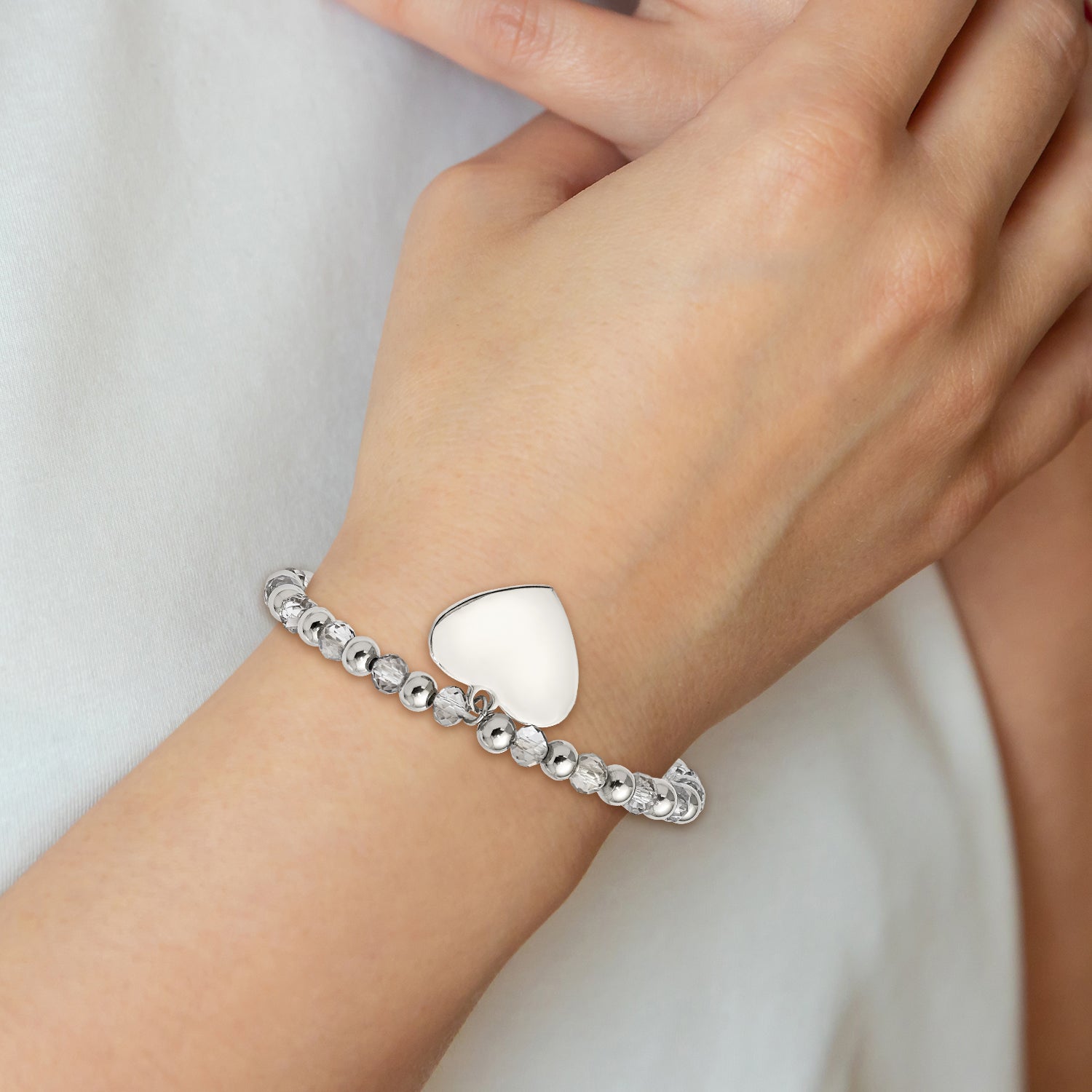 Stainless Steel Polished Heart Dangle 6mm Grey Glass Beaded Stretch Bracelet for Women