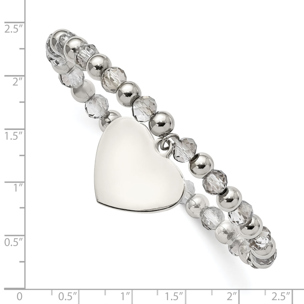 Stainless Steel Polished Heart Dangle 6mm Grey Glass Beaded Stretch Bracelet for Women