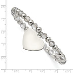 Stainless Steel Polished Heart Dangle 6mm Grey Glass Beaded Stretch Bracelet for Women