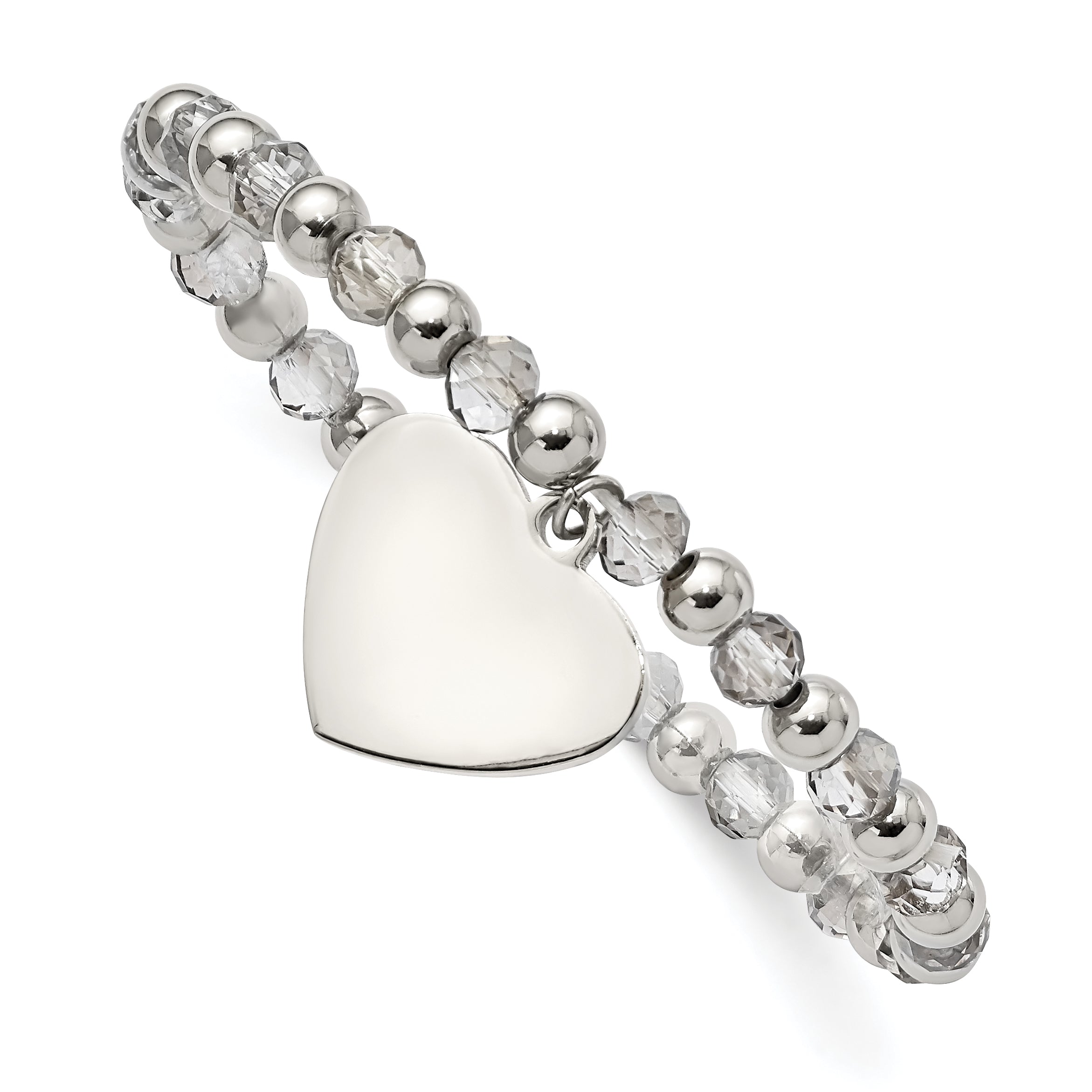 Stainless Steel Polished Heart Dangle 6mm Grey Glass Beaded Stretch Bracelet for Women Main image