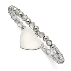 Stainless Steel Polished Heart Dangle 6mm Grey Glass Beaded Stretch Bracelet for Women