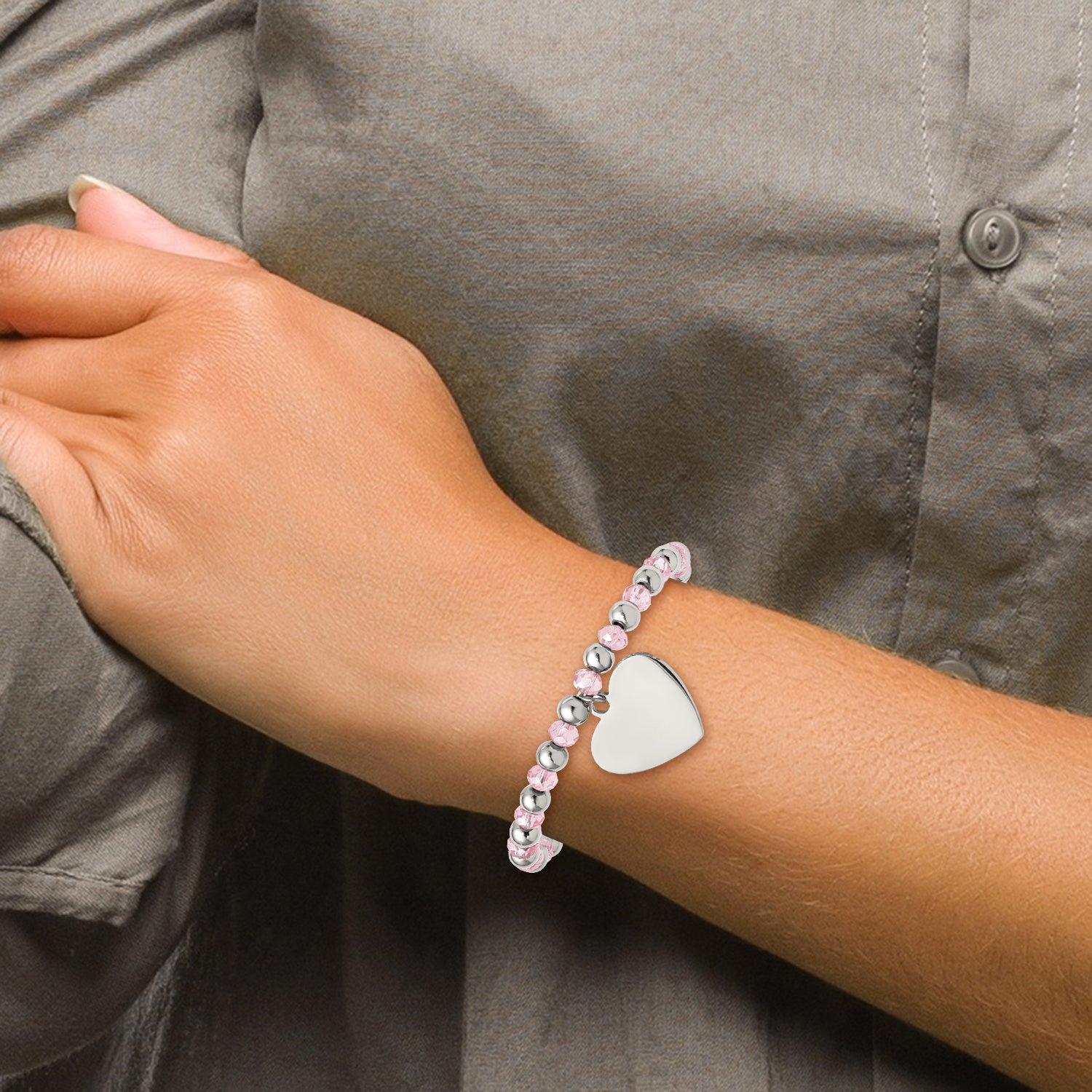 Stainless Steel Polished Heart Dangle 6mm Pink Glass Beaded Stretch Bracelet for Women