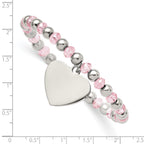 Stainless Steel Polished Heart Dangle 6mm Pink Glass Beaded Stretch Bracelet for Women