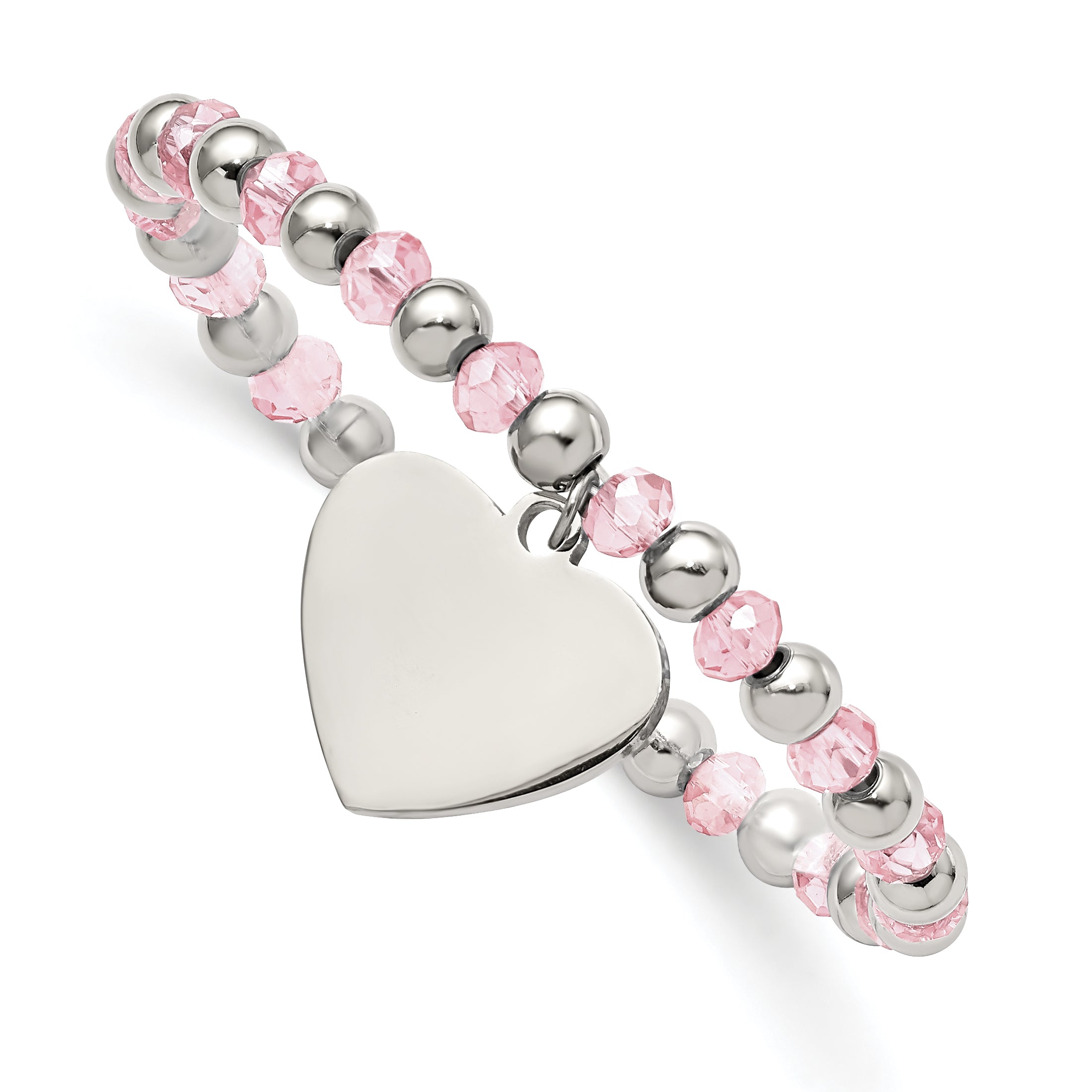 Stainless Steel Polished Heart Dangle 6mm Pink Glass Beaded Stretch Bracelet for Women Main image