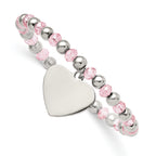 Stainless Steel Polished Heart Dangle 6mm Pink Glass Beaded Stretch Bracelet for Women