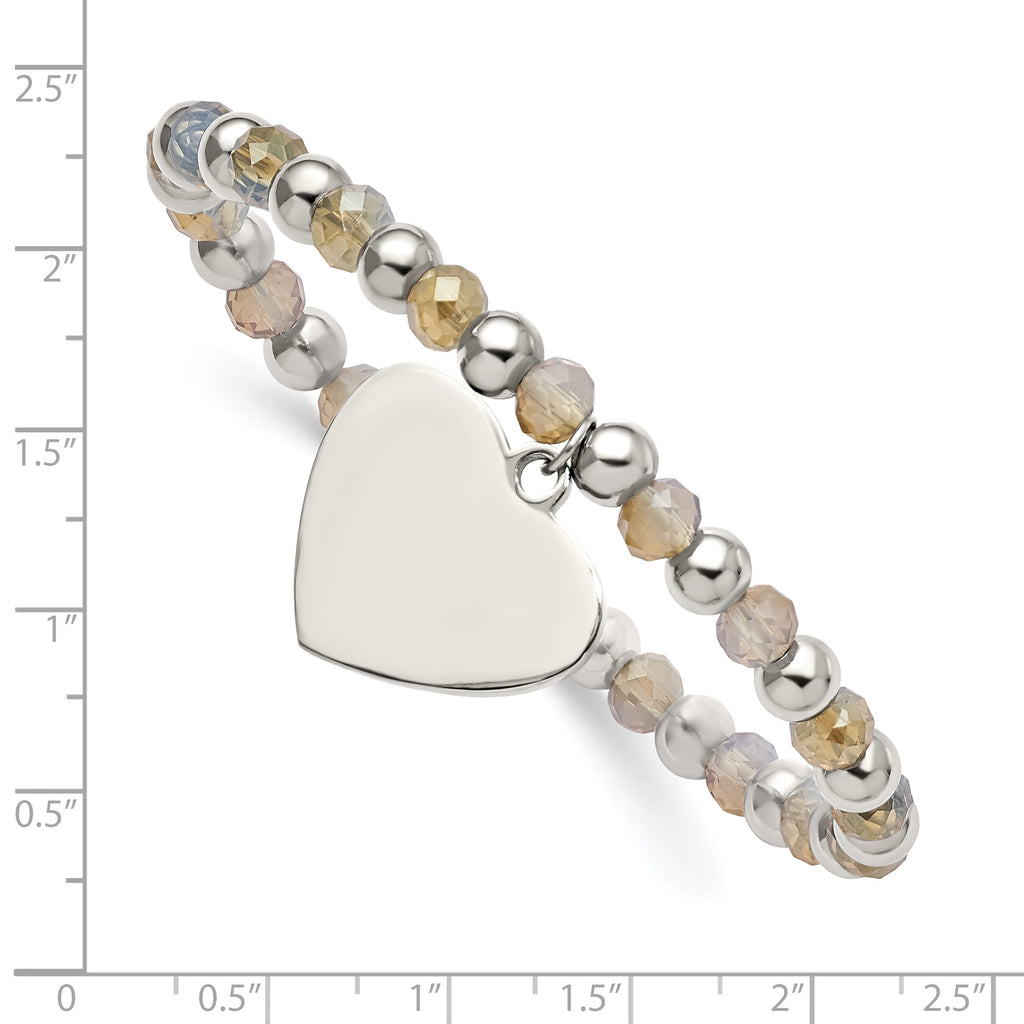 Stainless Steel Polished Heart Dangle 6mm Glass Beaded Stretch Bracelet for Women