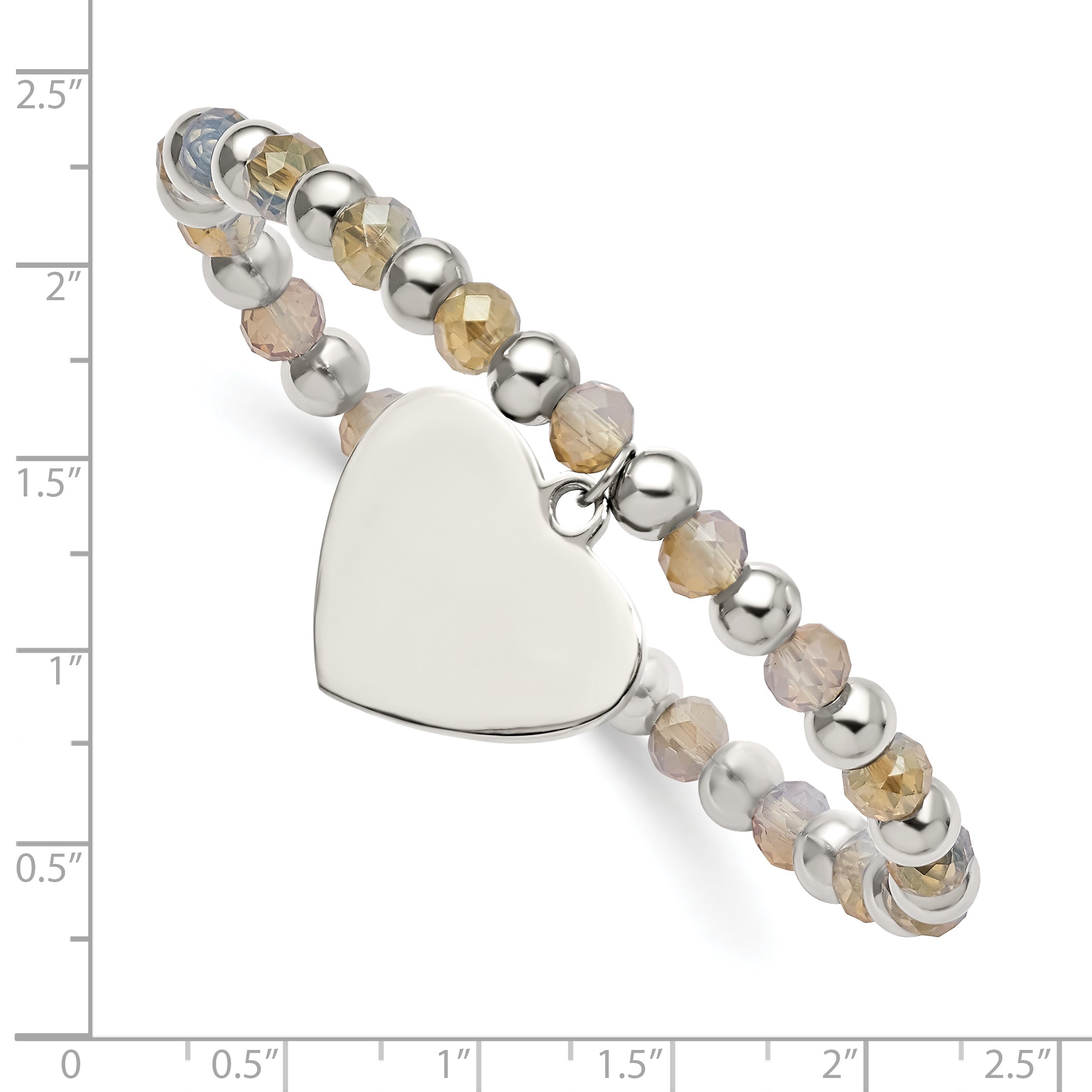 Stainless Steel Polished Heart Dangle 6mm Glass Beaded Stretch Bracelet for Women