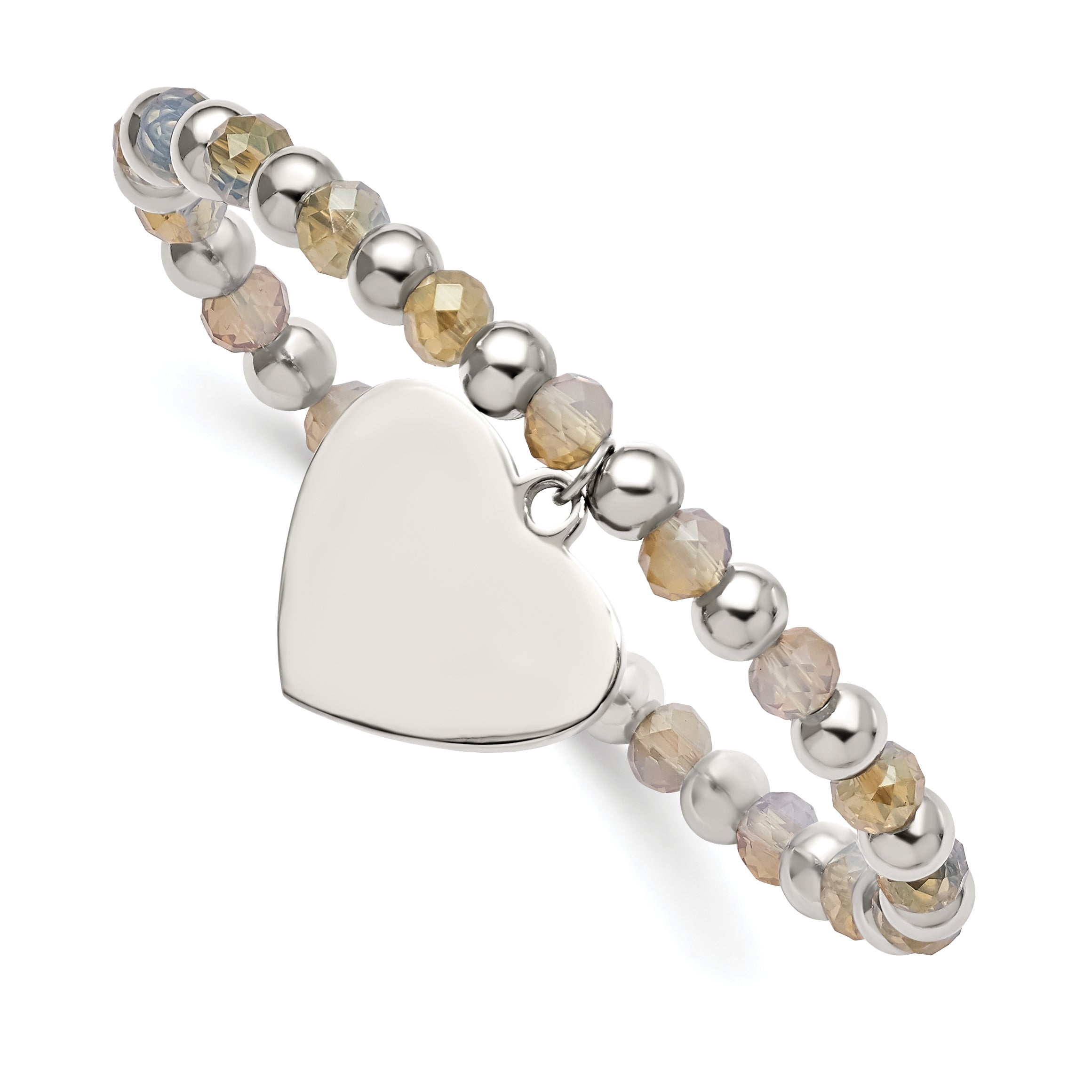 Stainless Steel Polished Heart Dangle 6mm Glass Beaded Stretch Bracelet for Women