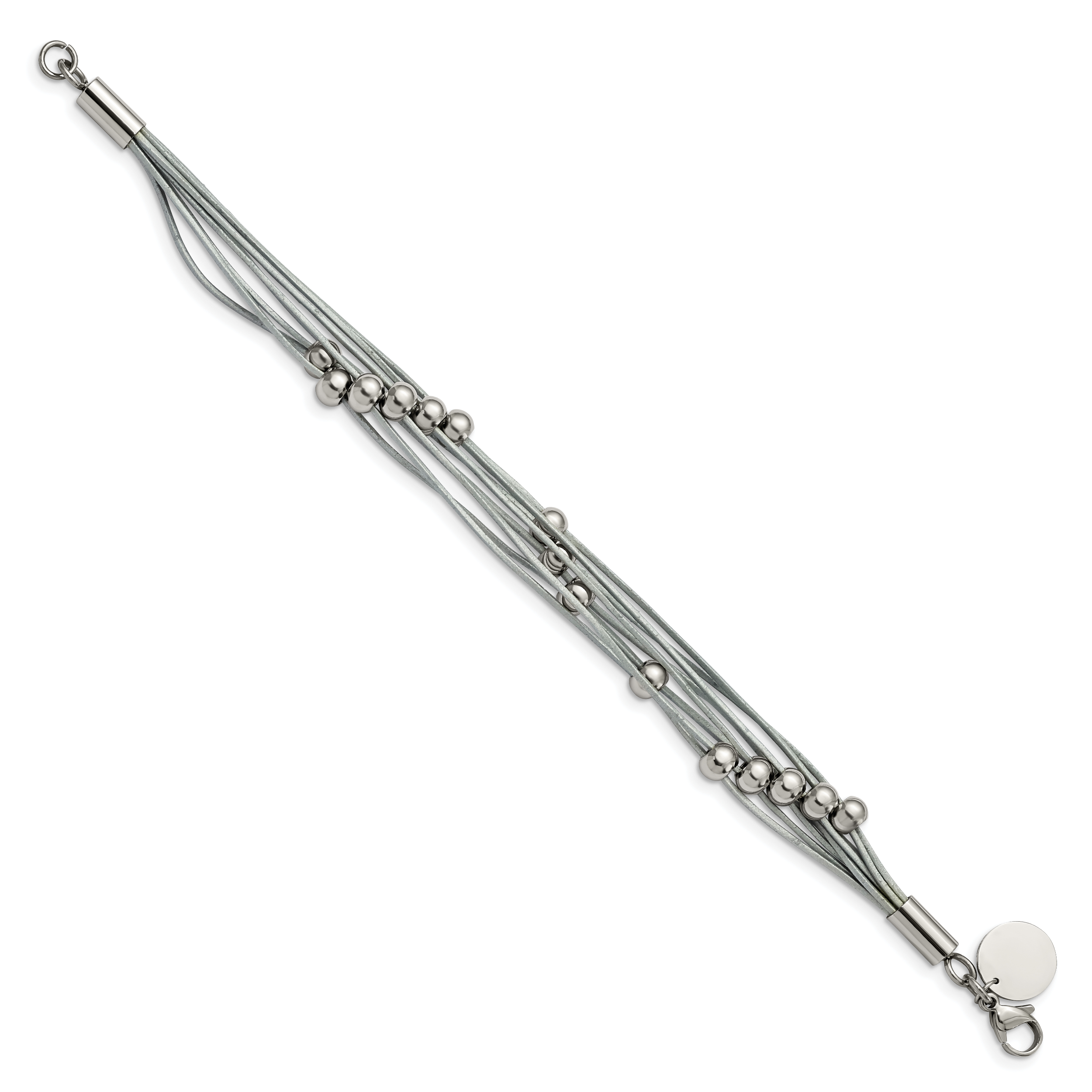 Stainless Steel Polished Beaded Multi-Strand Grey Leather Bracelet for Women Secondary image