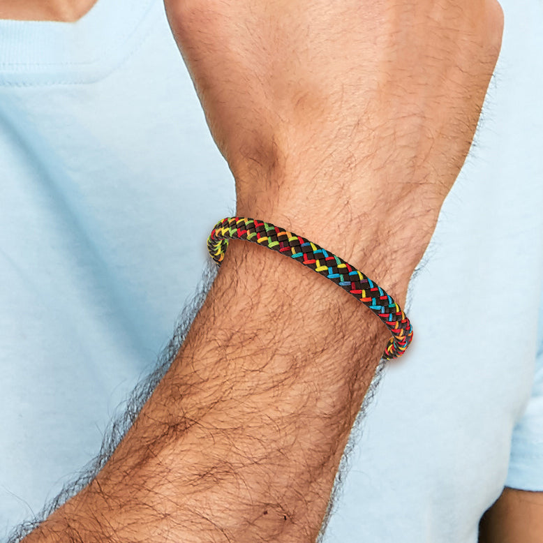 Stainless Steel Antiqued Braided Brown Leather and Multi-color Nylon Bracelet
