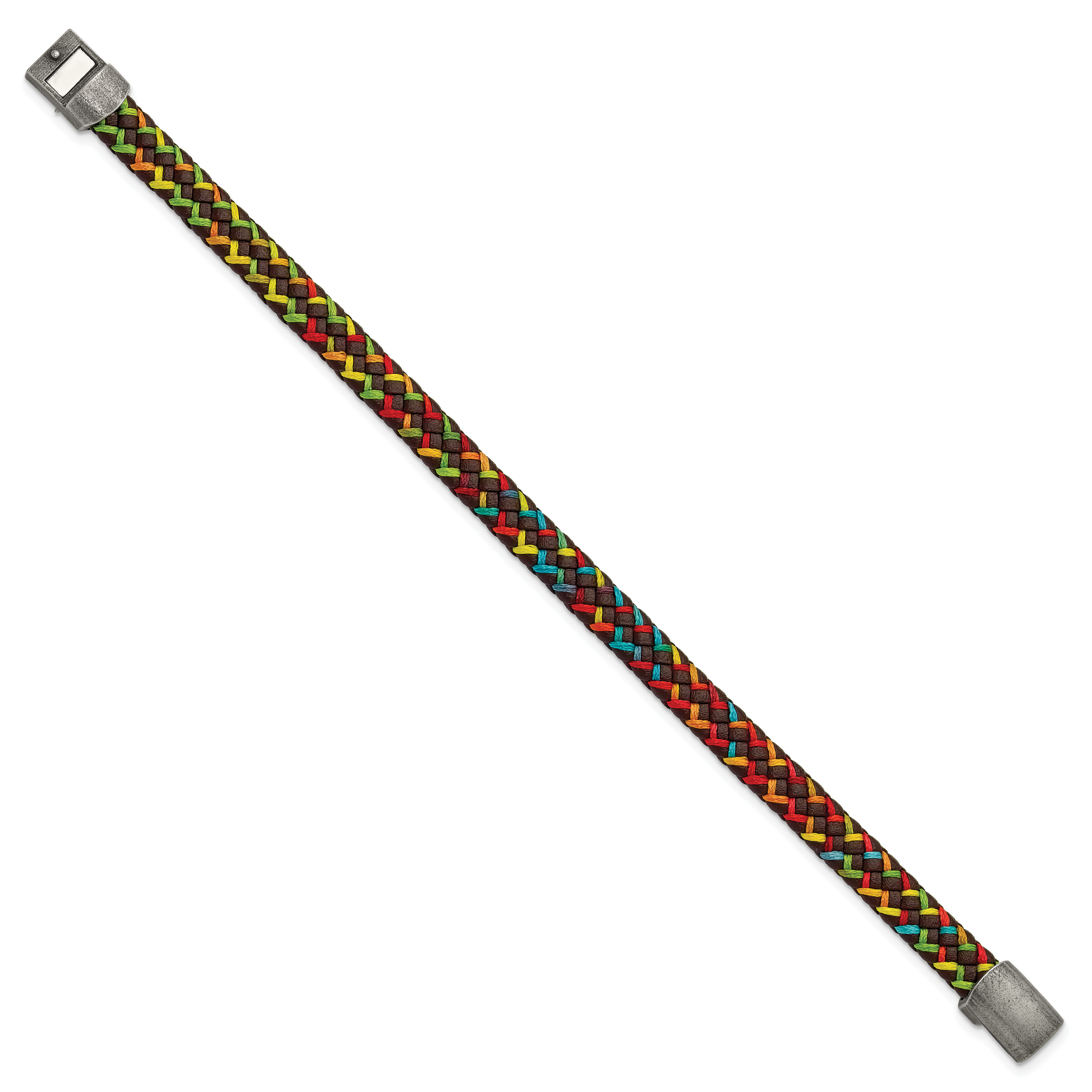 Stainless Steel Antiqued Braided Brown Leather and Multi-color Nylon Bracelet