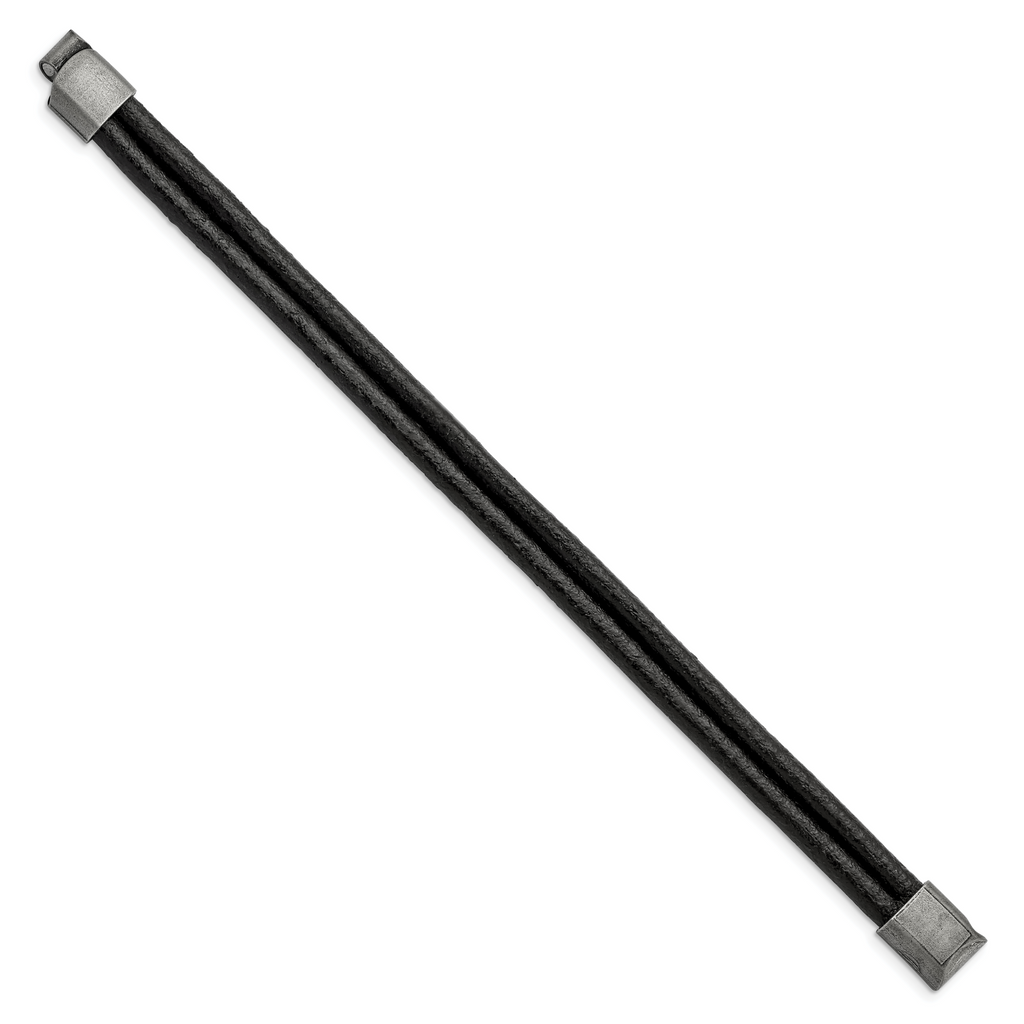 Stainless Steel Antiqued 2 Strand Black Leather Bracelet