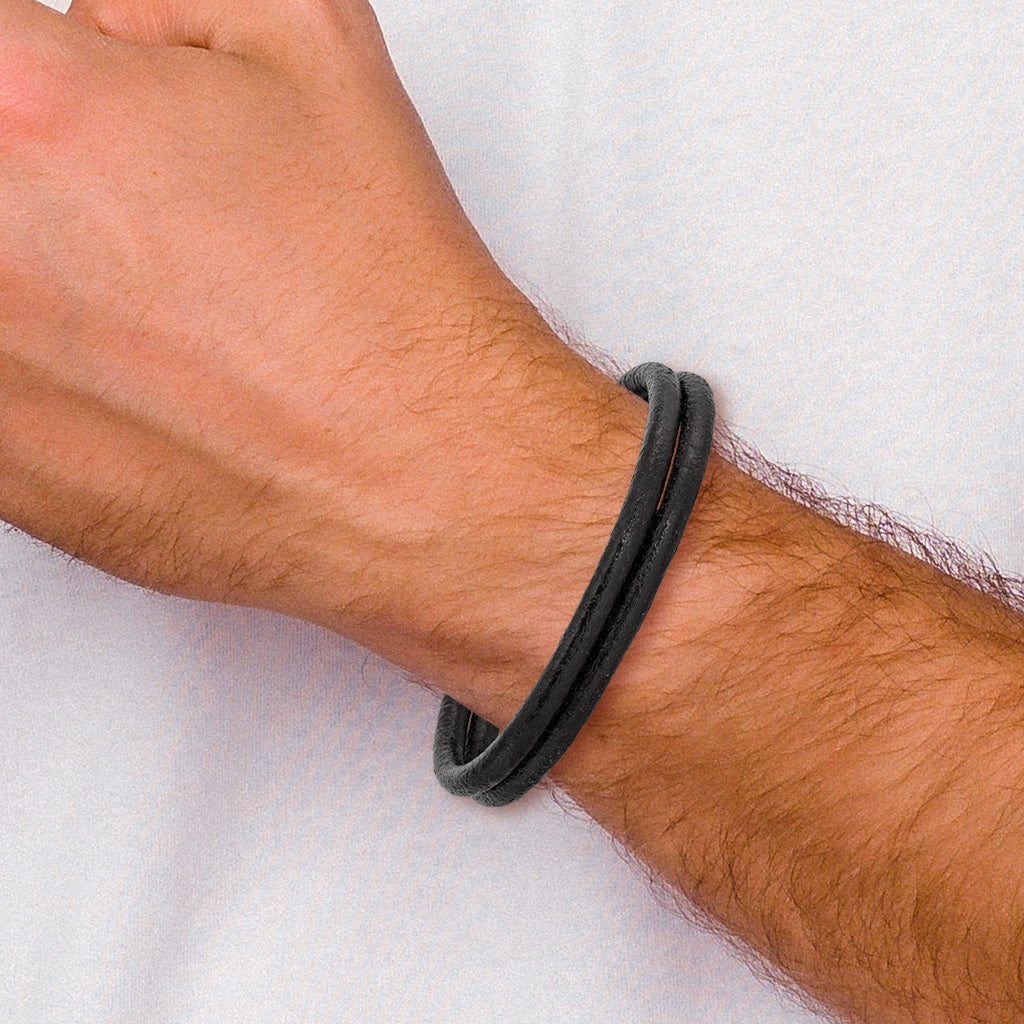 Stainless Steel Antiqued 2 Strand Black Leather Bracelet