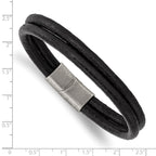 Stainless Steel Antiqued 2 Strand Black Leather Bracelet