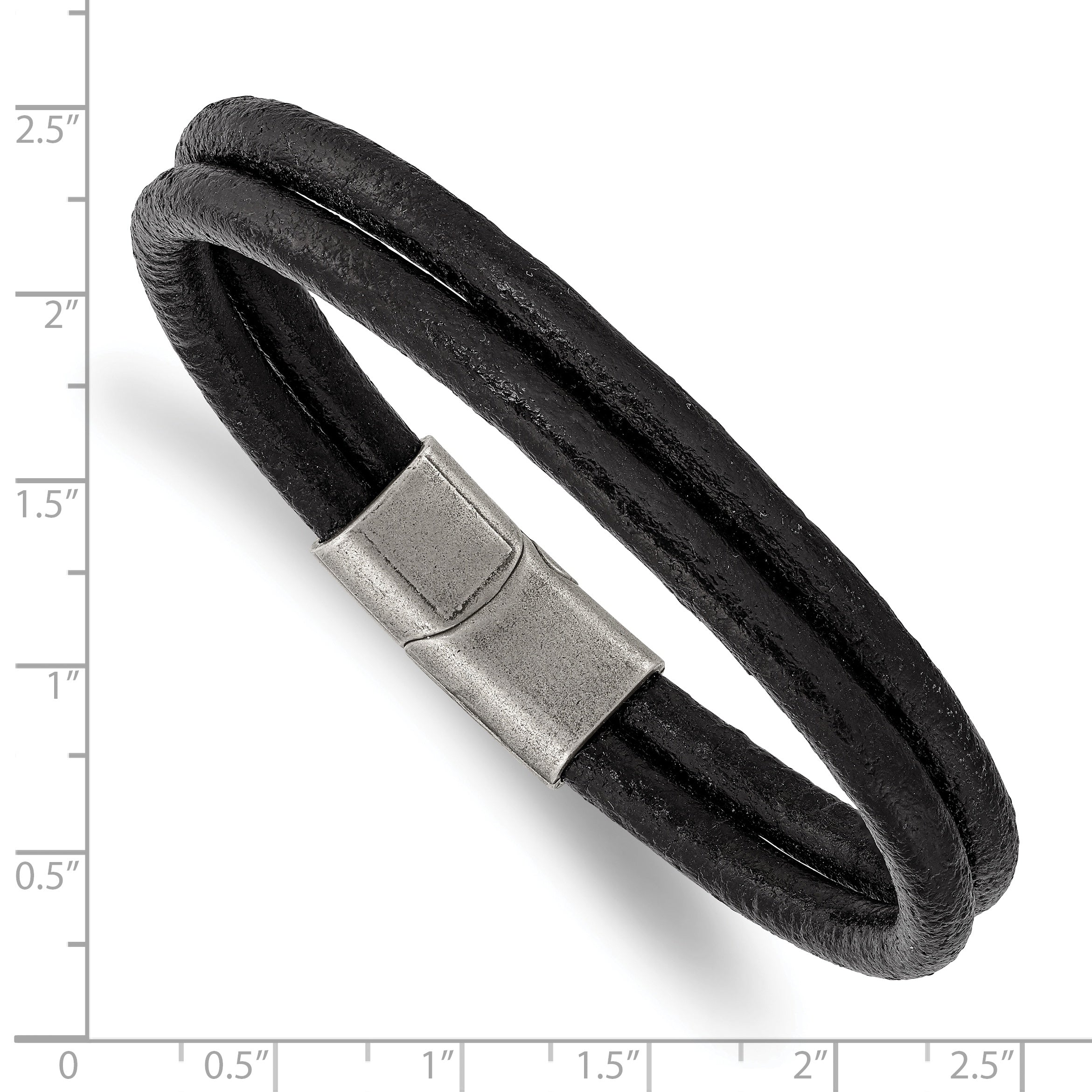 Stainless Steel Antiqued 2 Strand Black Leather Bracelet