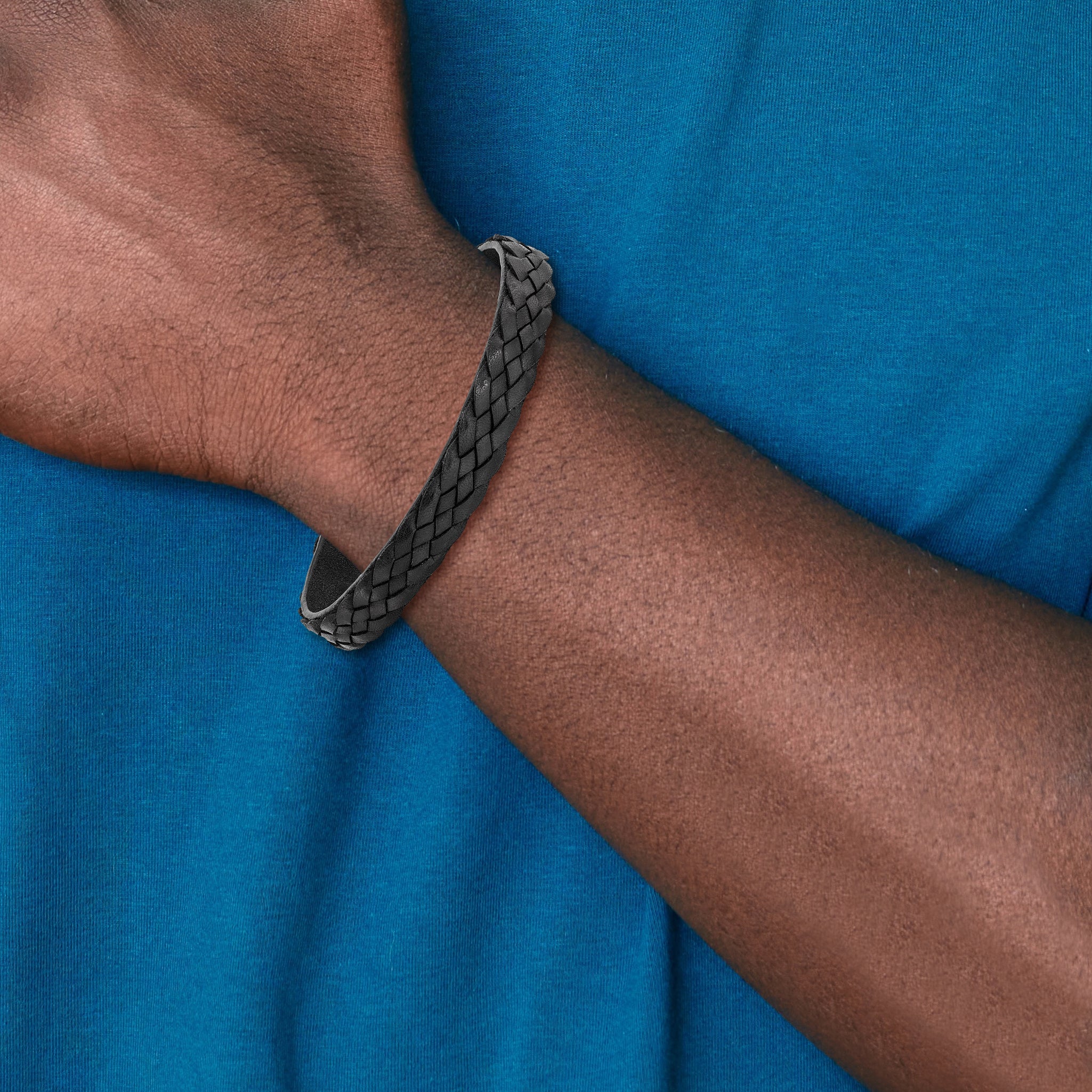 Stainless Steel Antiqued Black Braided Leather Bracelet