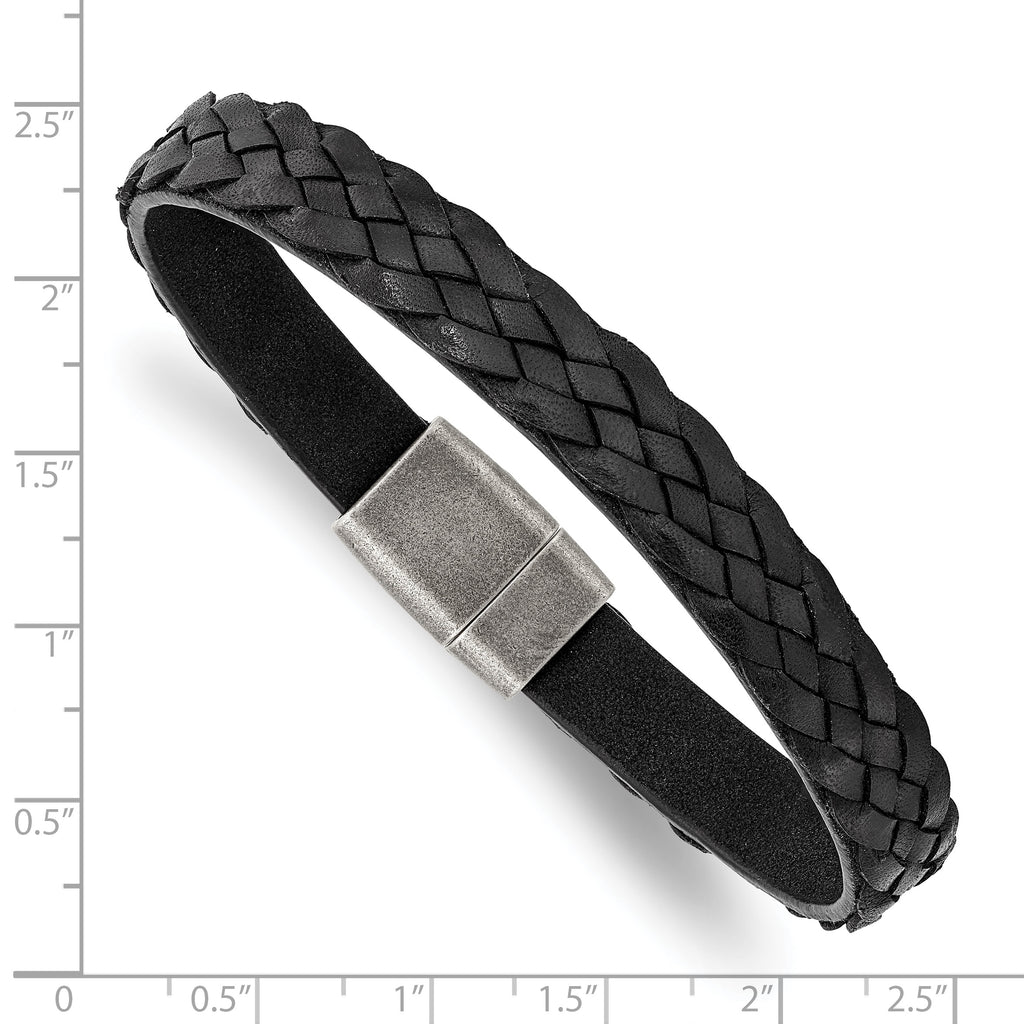Stainless Steel Antiqued Black Braided Leather Bracelet