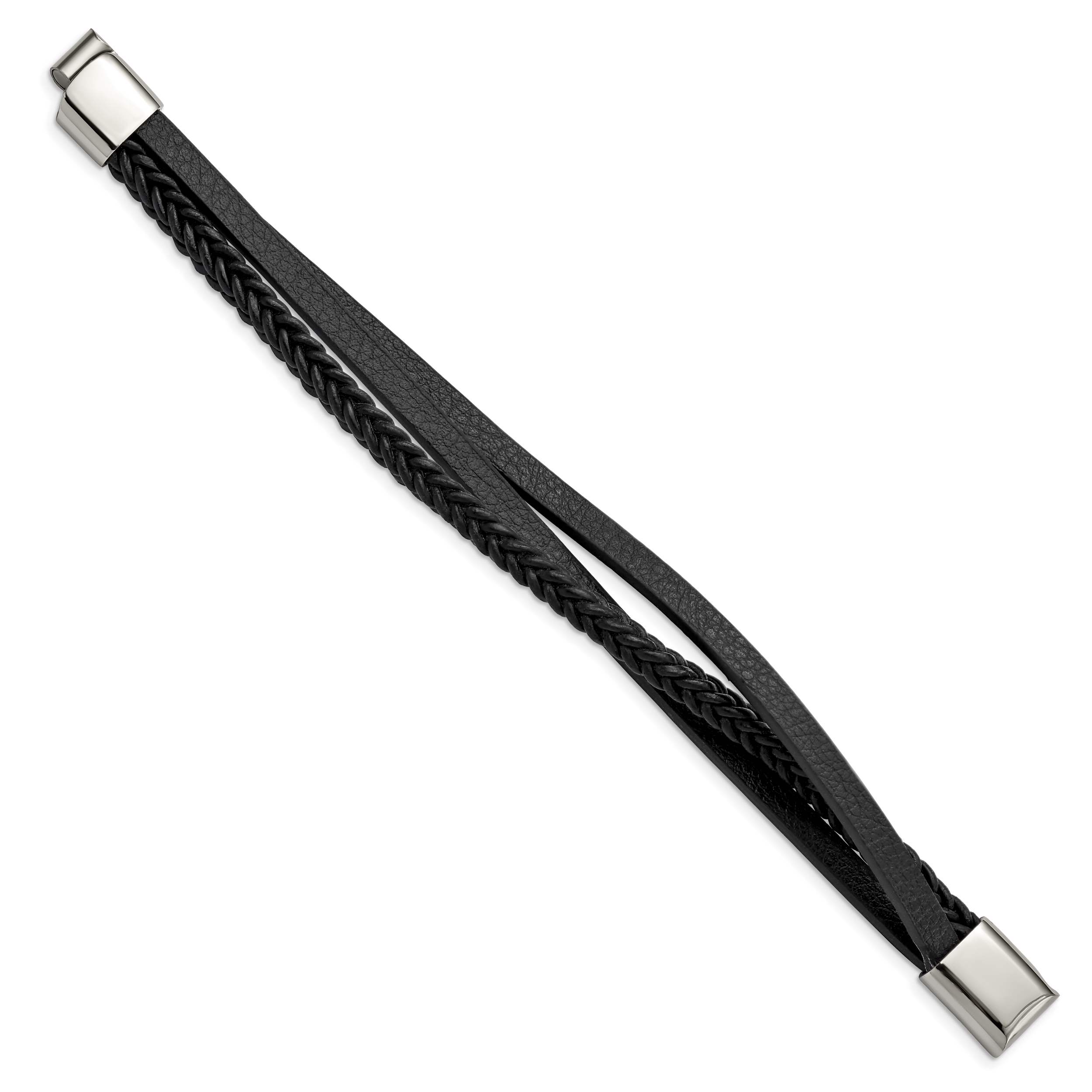 Stainless Steel Polished Multi Strand Black Leather Bracelet