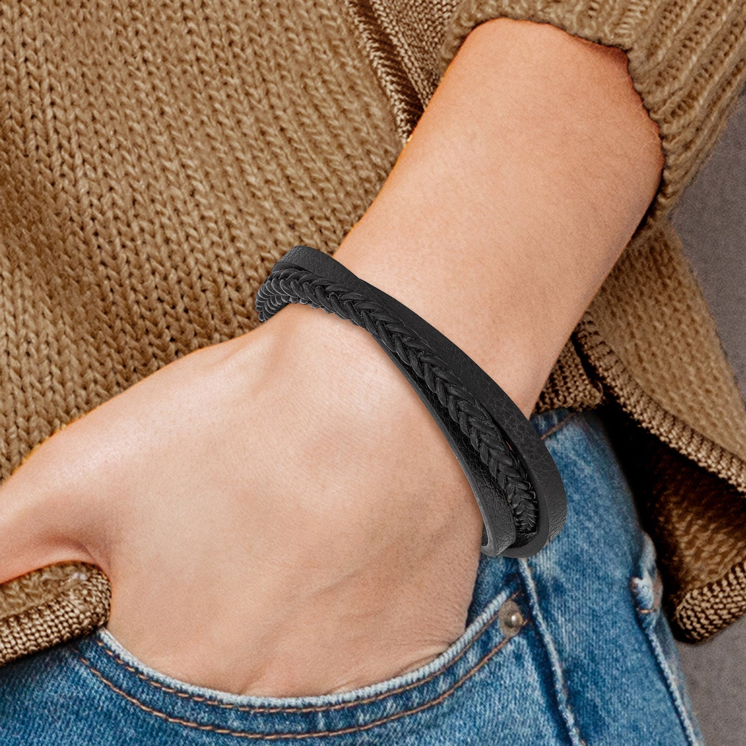 Chisel Stainless Steel Polished Multi Strand Black Leather Bracelet