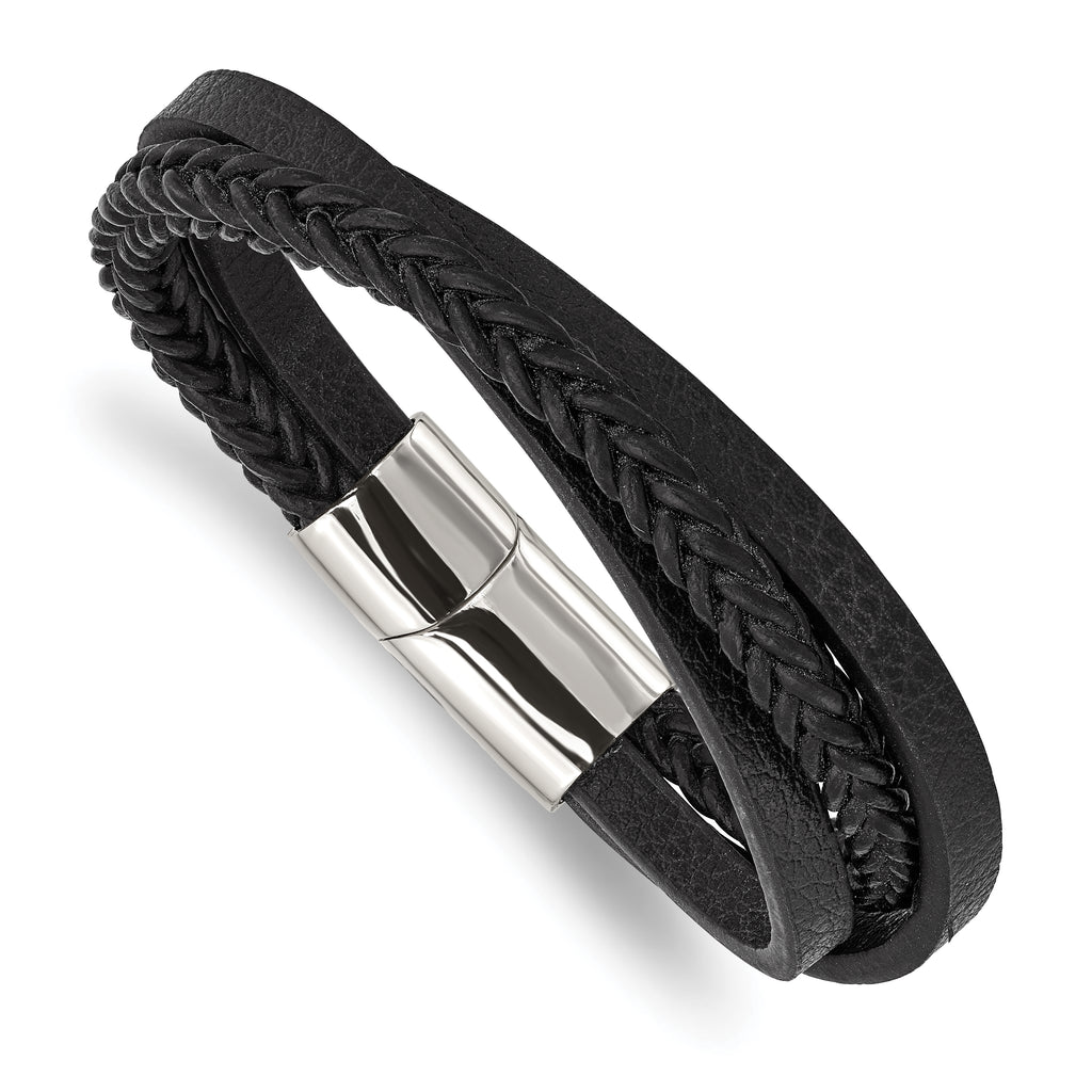 Chisel Stainless Steel Polished Multi Strand Black Leather Bracelet