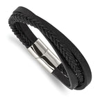 Chisel Stainless Steel Polished Multi Strand Black Leather Bracelet