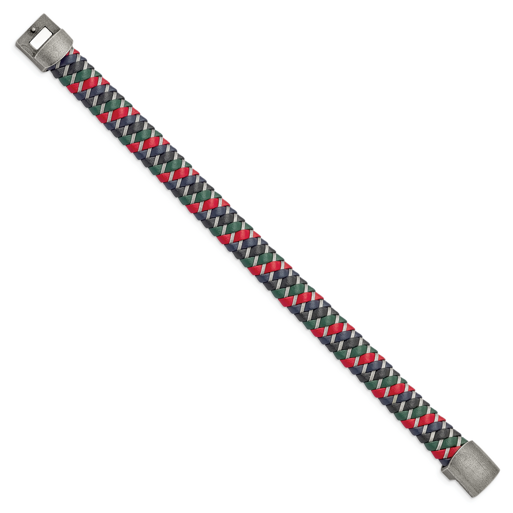 Stainless Steel Antiqued & Polished Multi-Color Leather with Wire Bracelet