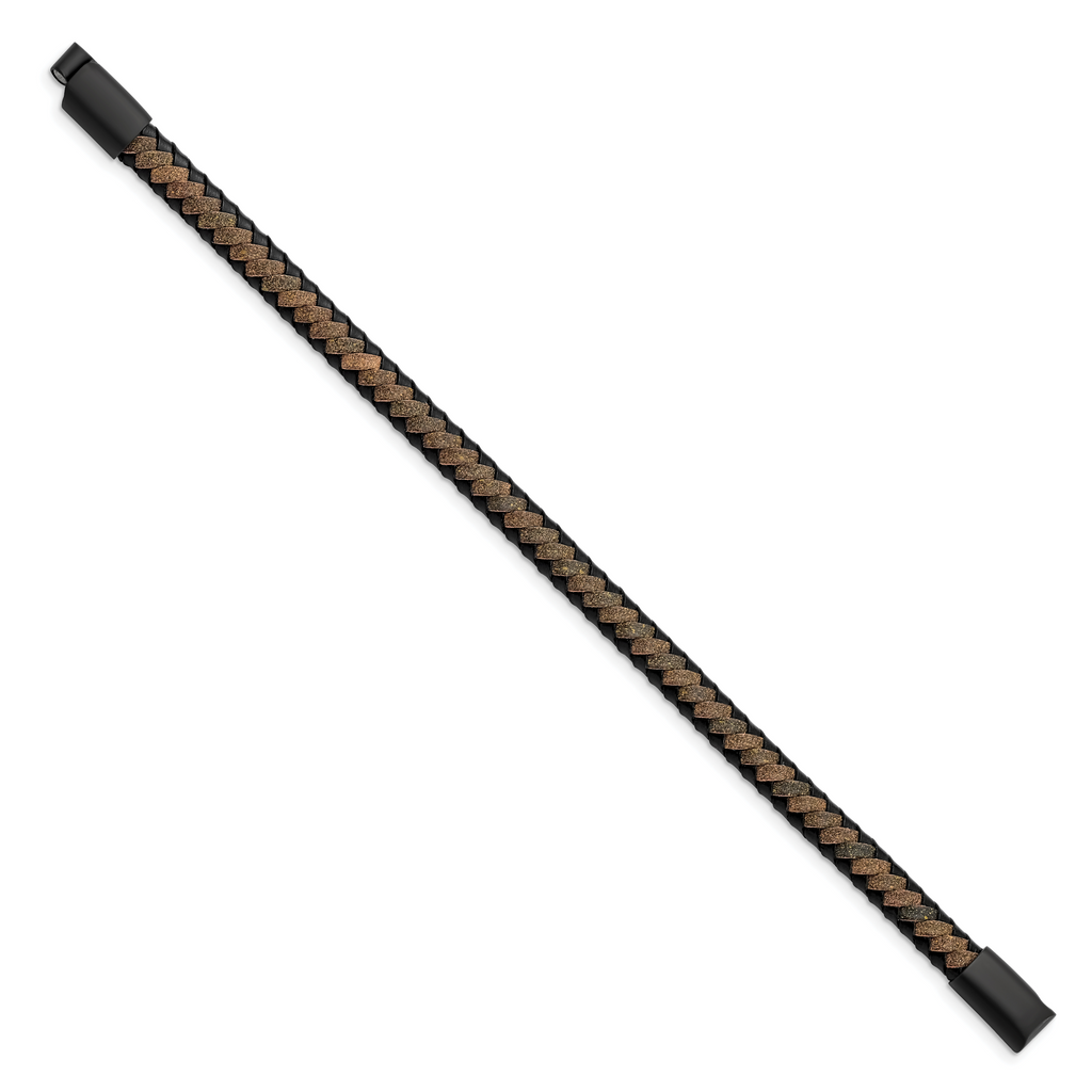 Stainless Steel Brushed Black IP-plated Black and Brown Braided Leather Bracelet