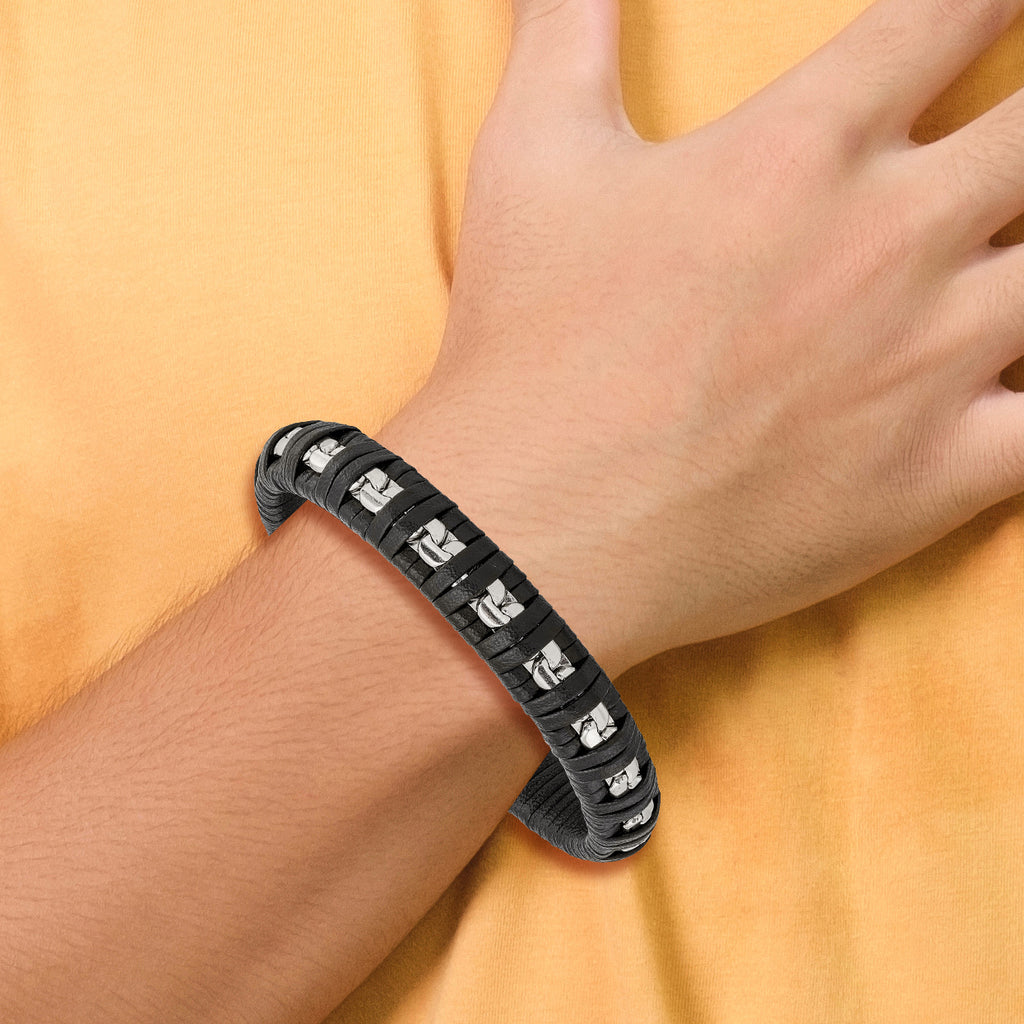 Stainless Steel Polished Chain and Black Leather Bracelet for Men