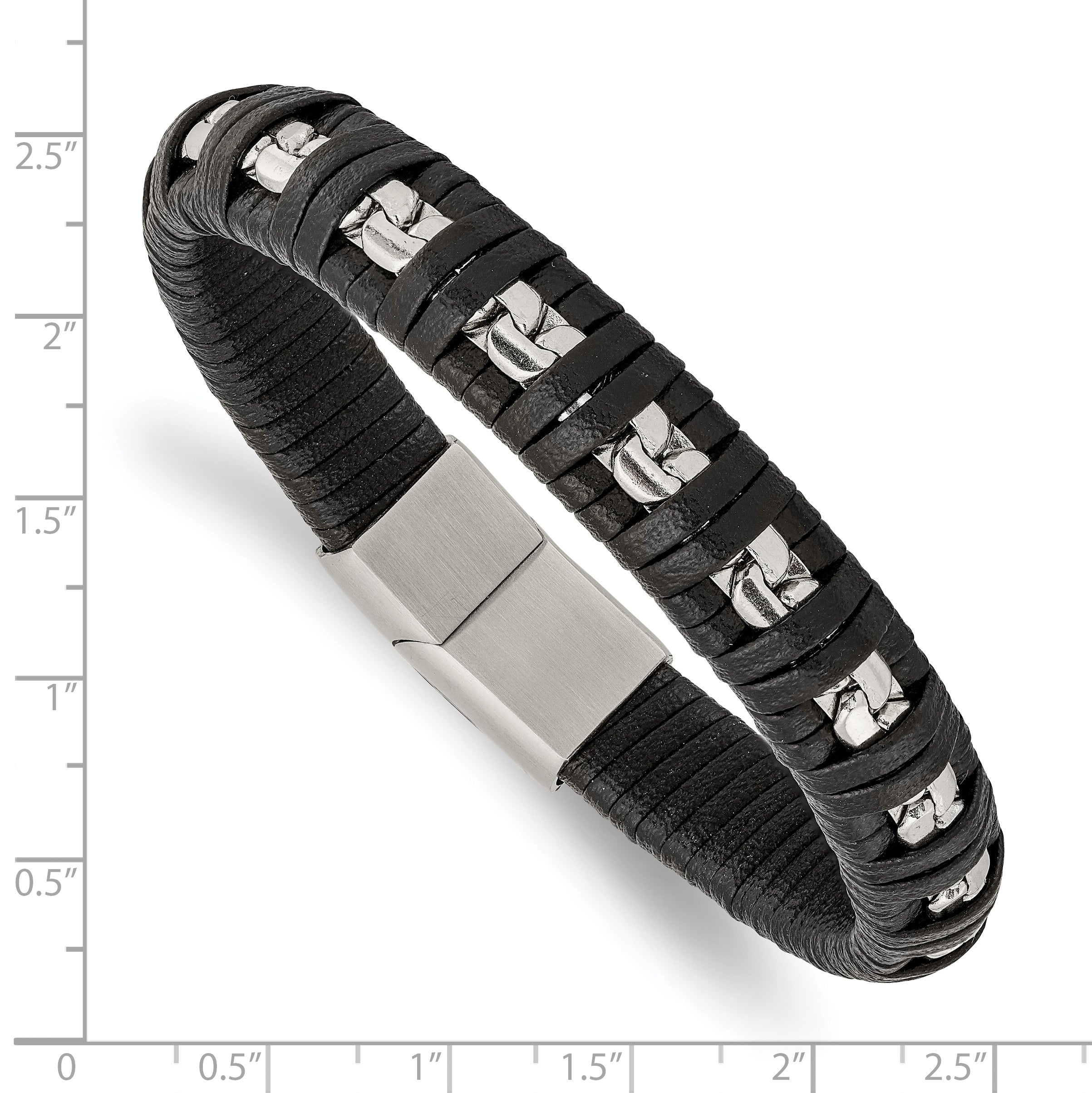 Stainless Steel Polished Chain and Black Leather Bracelet for Men