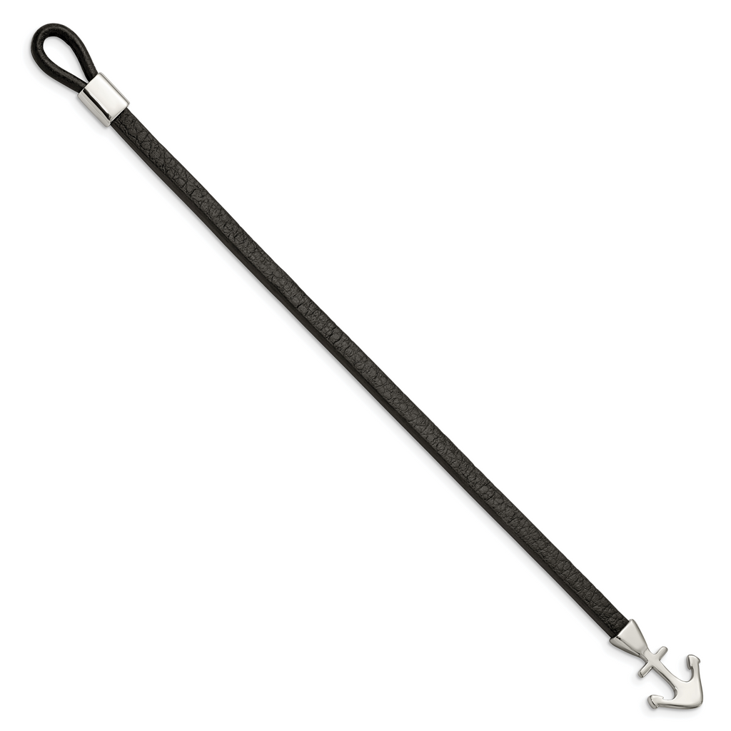 Stainless Steel Polished Anchor Black Leather Bracelet