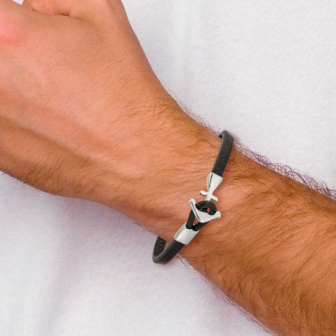 Stainless Steel Polished Anchor Black Leather Bracelet
