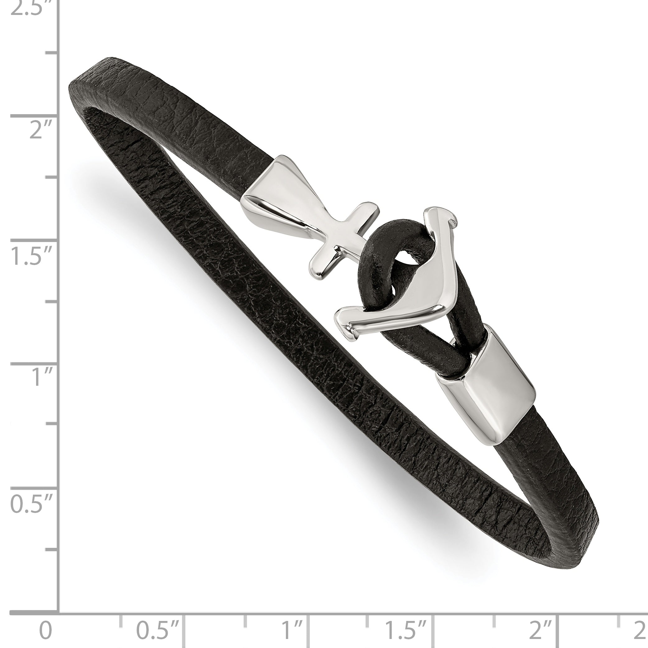 Stainless Steel Polished Anchor Black Leather Bracelet