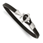 Stainless Steel Polished Anchor Black Leather Bracelet