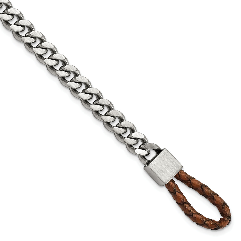 Stainless Steel Brushed and Polished Curb Chain with Brown Braided Leather Hook Bracelet for Men