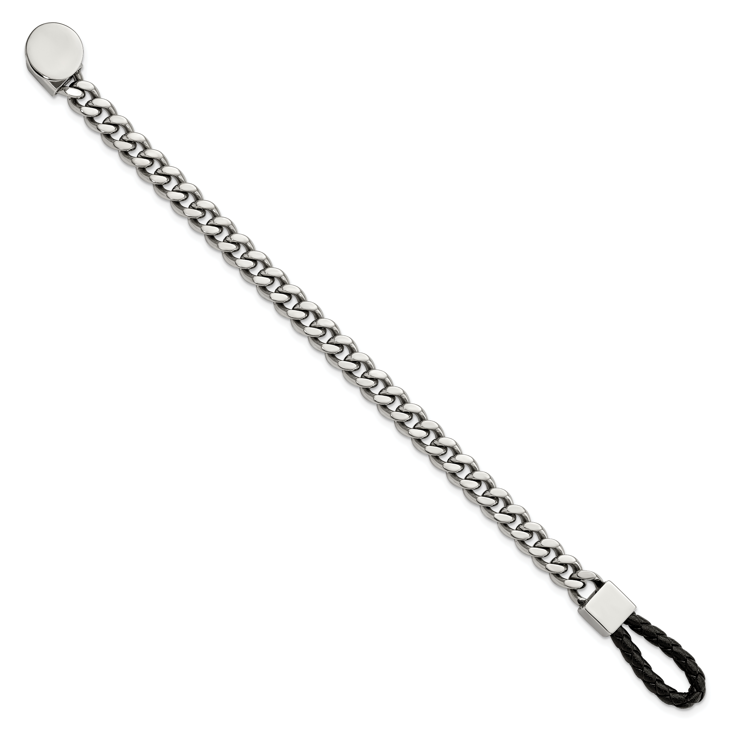Stainless Steel Polished Curb Chain with Black Braided Leather Hook Bracelet for Men Secondary image