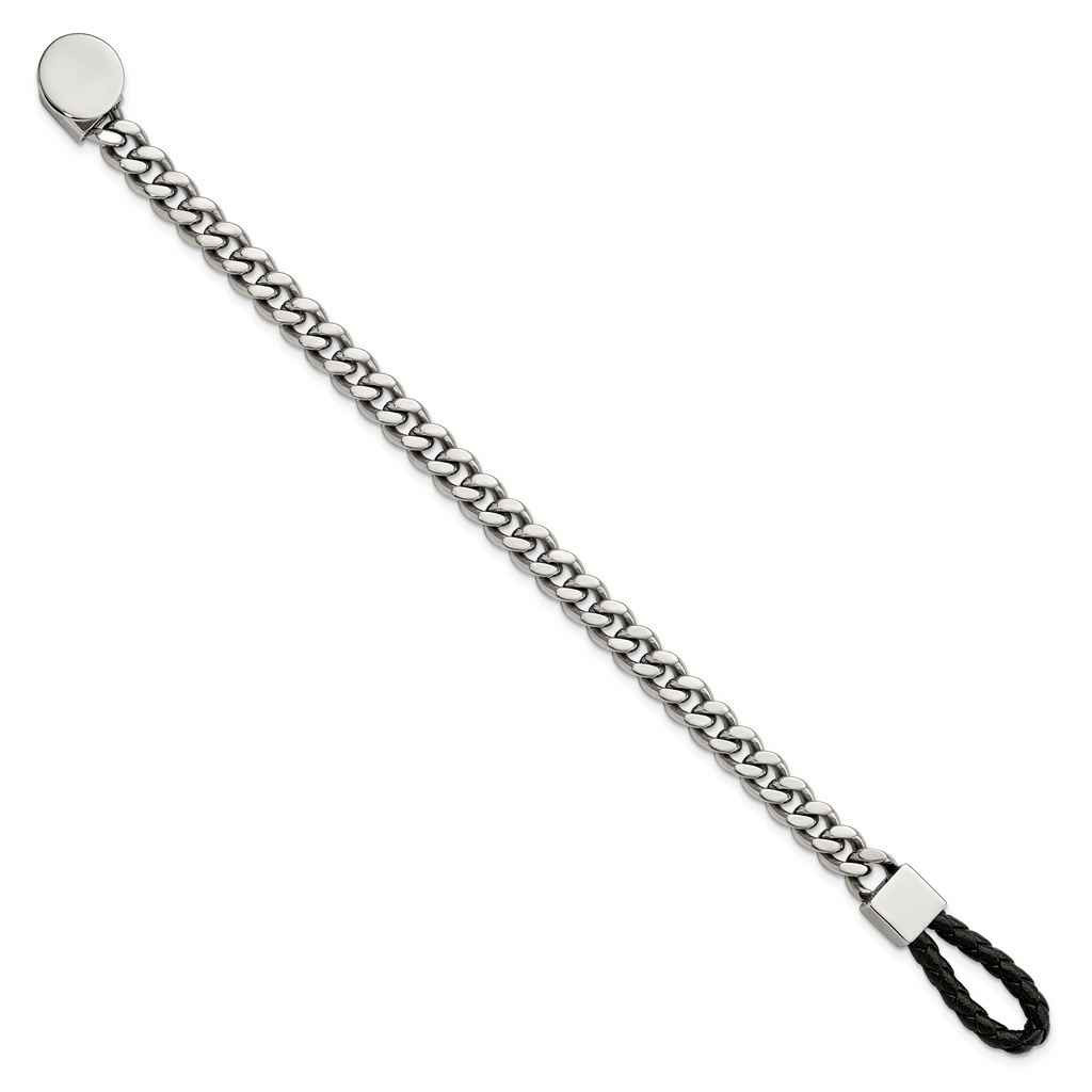 Stainless Steel Polished Curb Chain with Black Braided Leather Hook Bracelet for Men