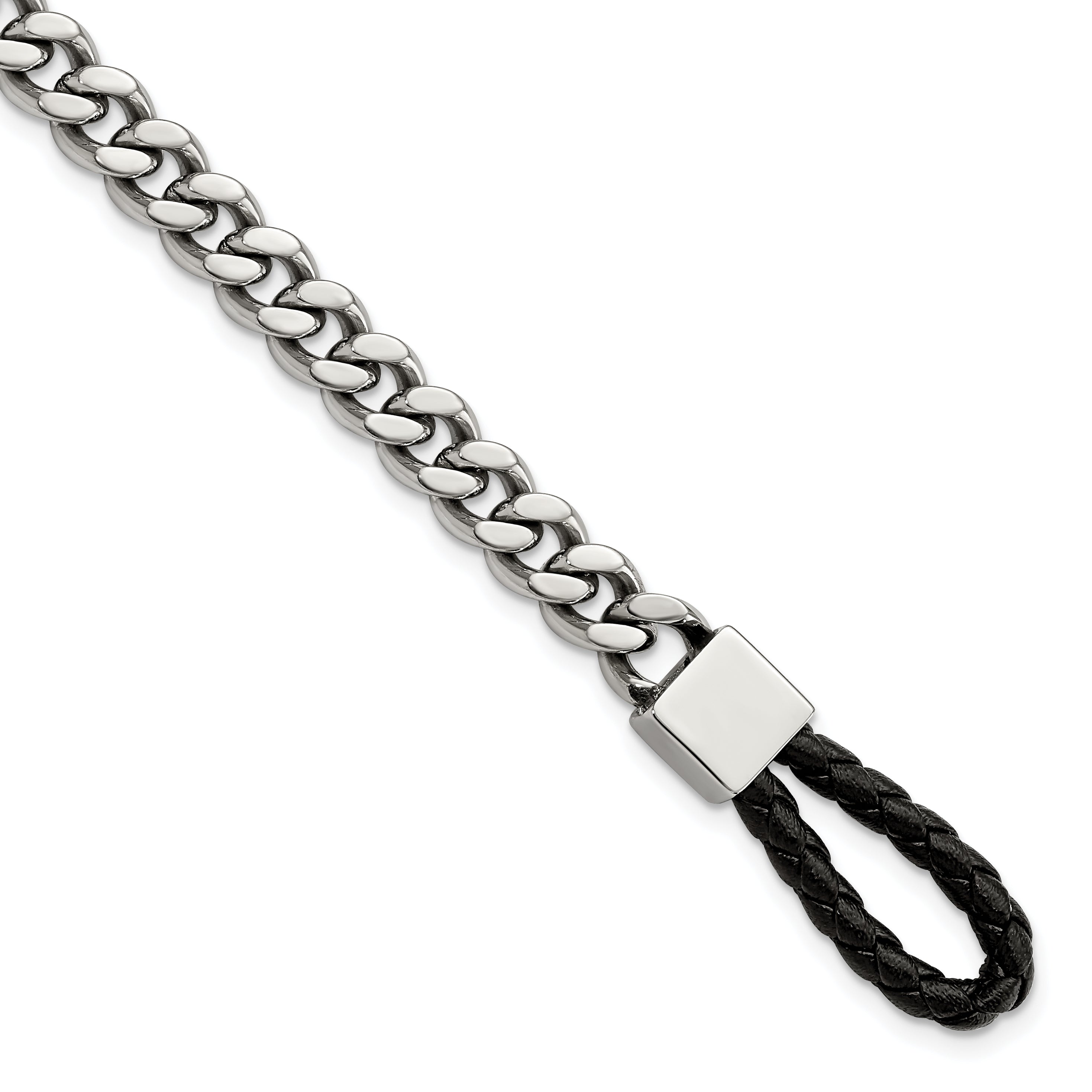Stainless Steel Polished Curb Chain with Black Braided Leather Hook Bracelet for Men Main image