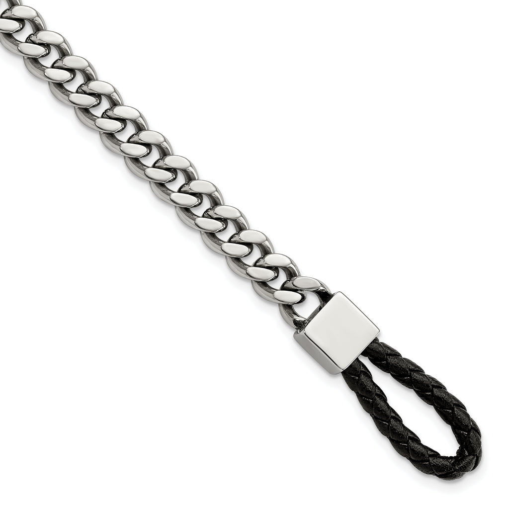 Stainless Steel Polished Curb Chain with Black Braided Leather Hook Bracelet for Men