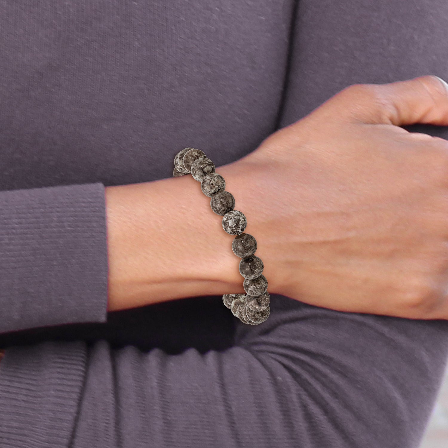8mm Grey Snowflake Agate Beaded Stretch Bracelet