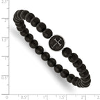 Stainless Steel Antiqued and Polished Cross 7mm Black Agate Beaded Stretch Bracelet