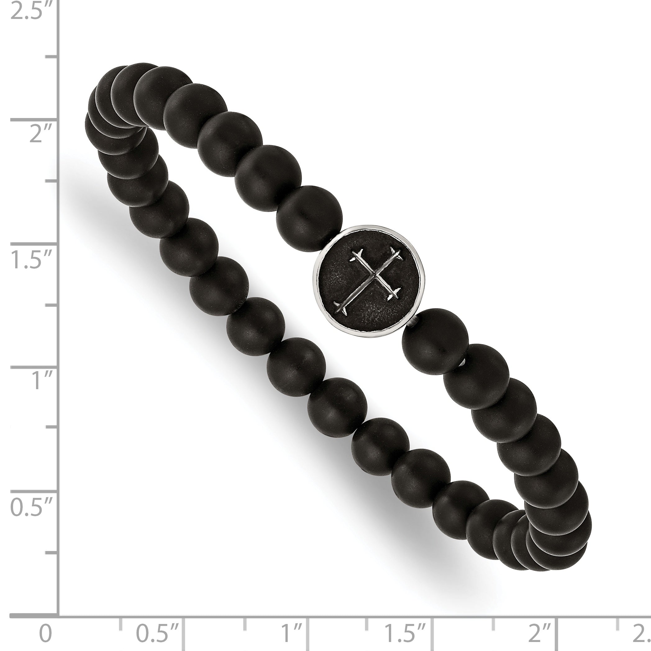 Stainless Steel Antiqued and Polished Cross 7mm Black Agate Beaded Stretch Bracelet