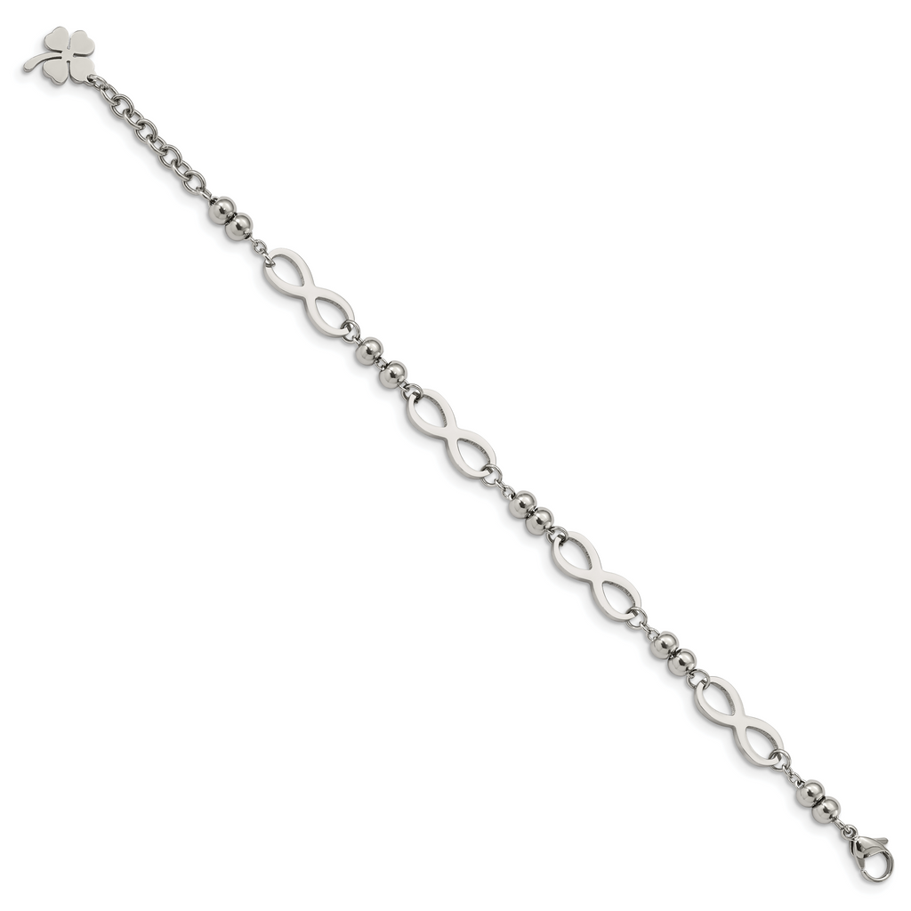 Stainless Steel Polished Infinity Symbol Link with 4 Leaf Clover Charm Bracelet with Extension for Women