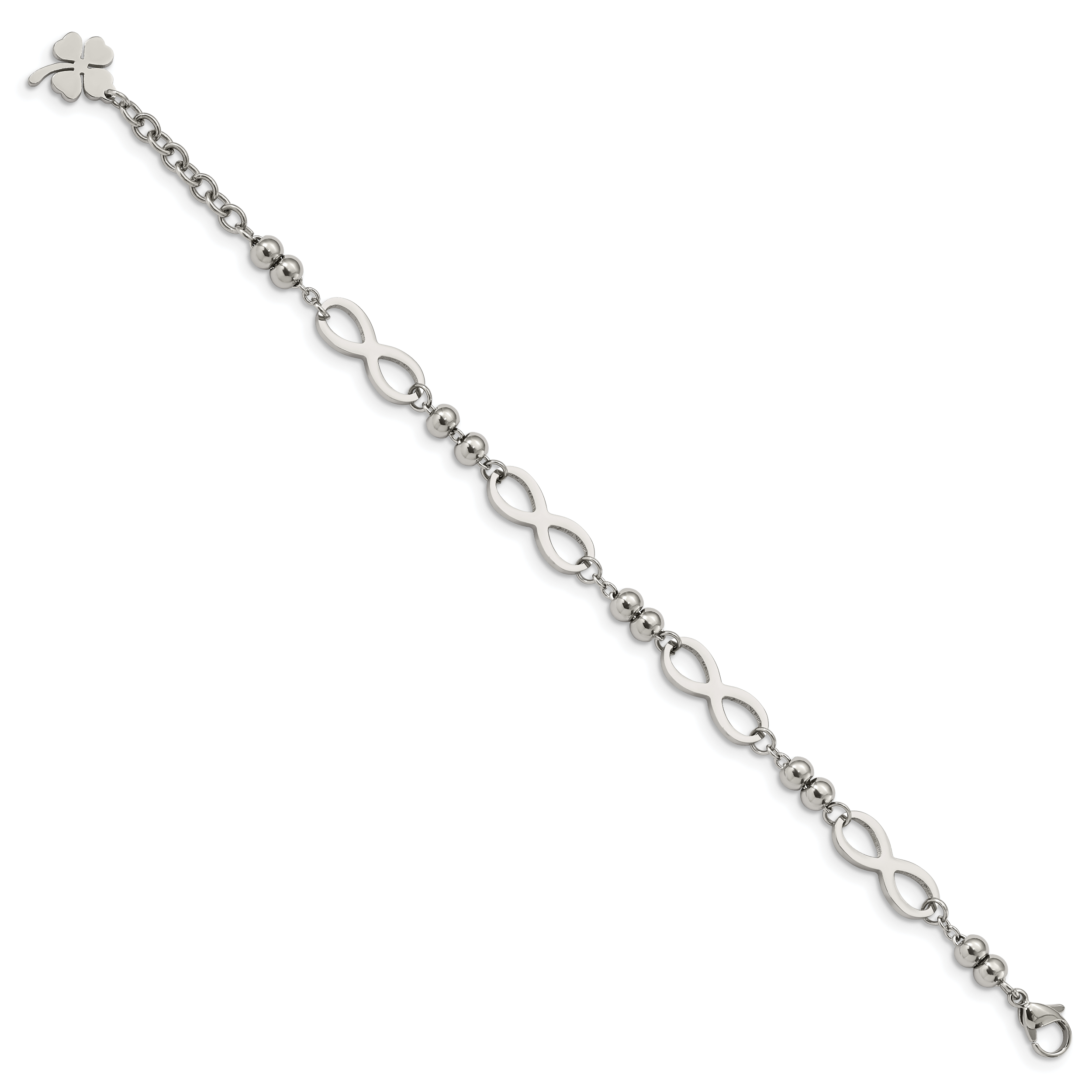 Stainless Steel Polished Infinity Symbol Link with 4 Leaf Clover Charm Bracelet with Extension for Women