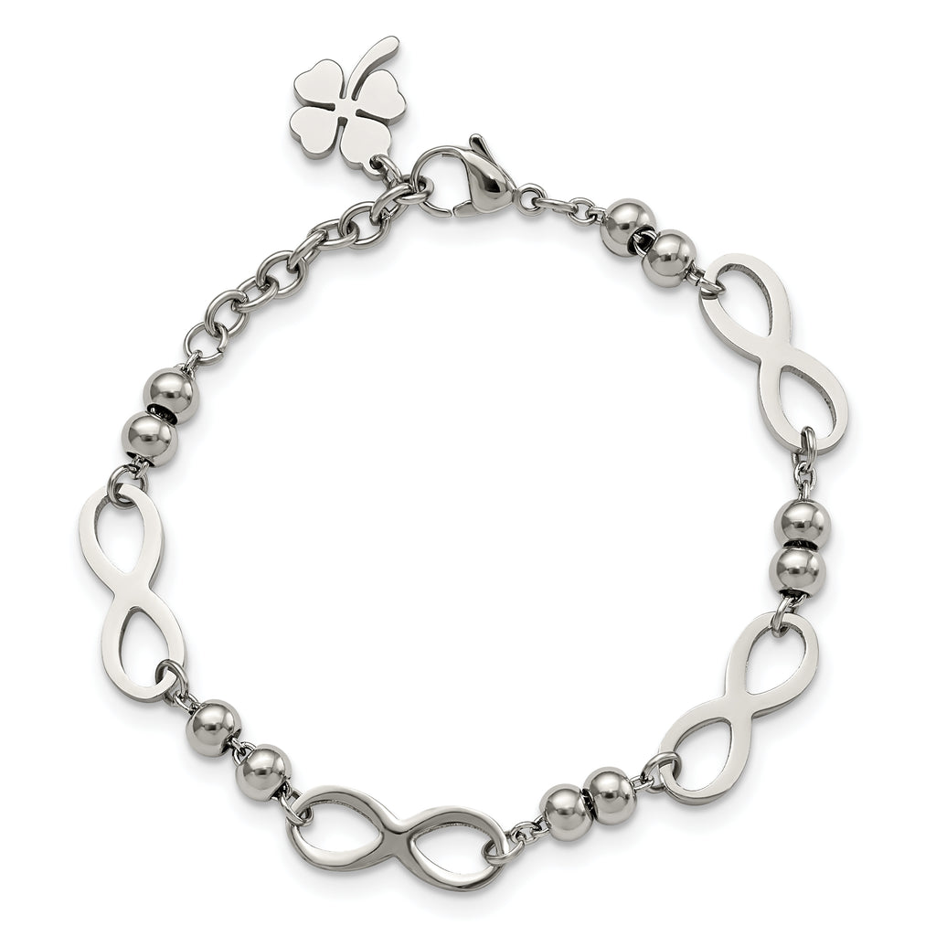 Stainless Steel Polished Infinity Symbol Link with 4 Leaf Clover Charm Bracelet with Extension for Women