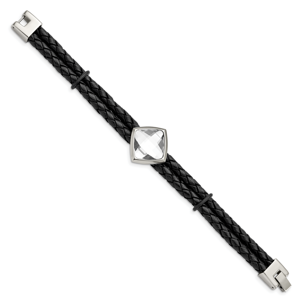 Stainless Steel Polished with Glass Stone Braided Leather Bracelet for Women