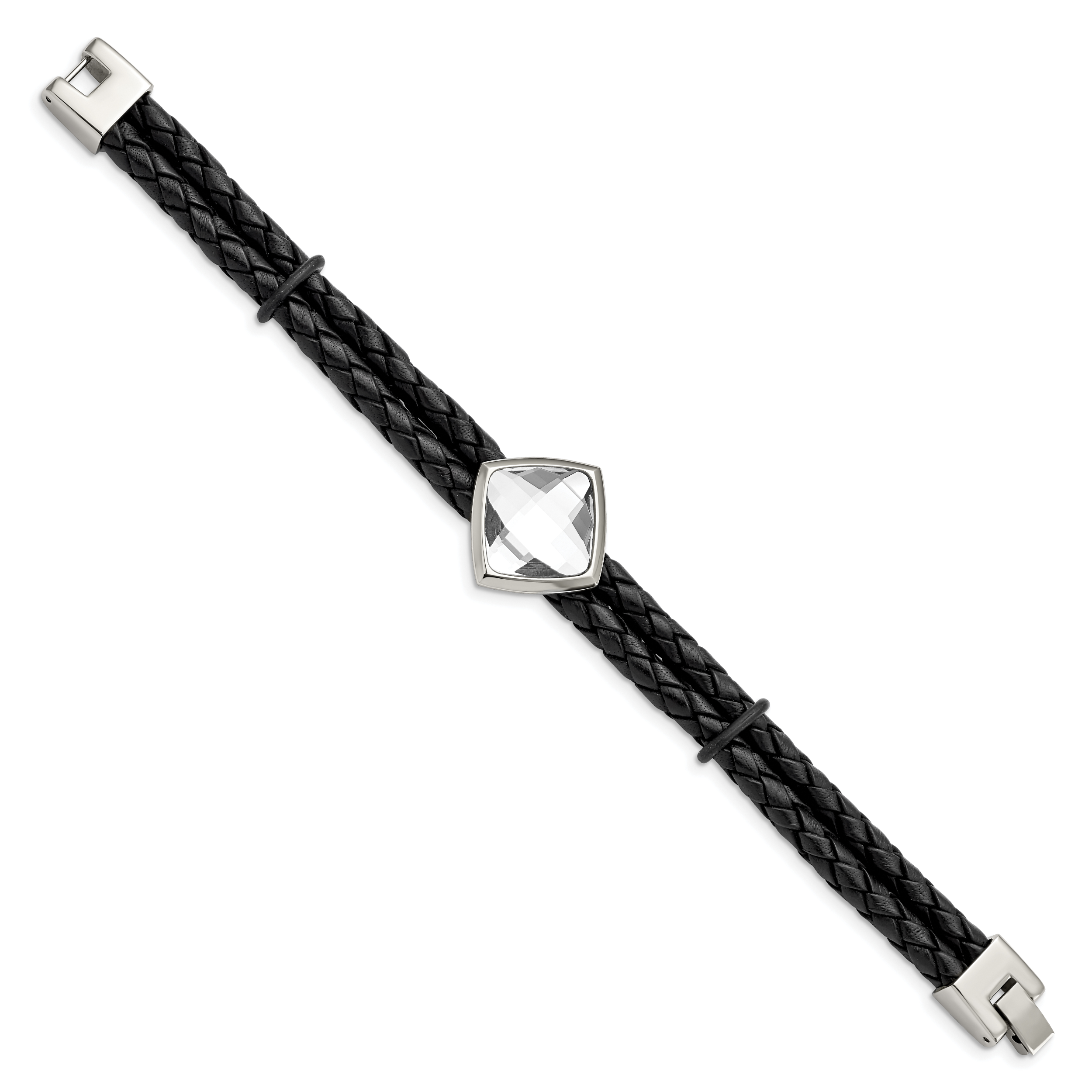 Stainless Steel Polished with Glass Stone Braided Leather Bracelet for Women