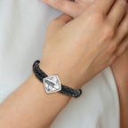 Stainless Steel Polished with Glass Stone Braided Leather Bracelet for Women