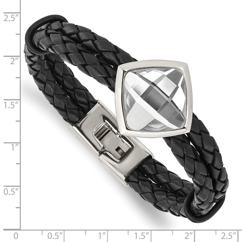 Stainless Steel Polished with Glass Stone Braided Leather Bracelet for Women