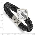 Stainless Steel Polished with Glass Stone Braided Leather Bracelet for Women